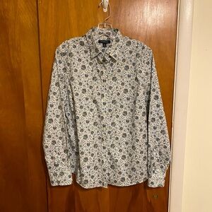 Lands End Women’s (10) Blue Floral Front  Button Down Long Sleeve Collared Shirt